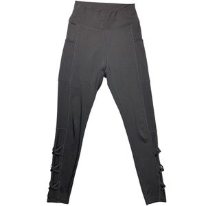 Workout Leggings Full Length Black Side Pocket Calf Ankle Mesh Accent Size Small